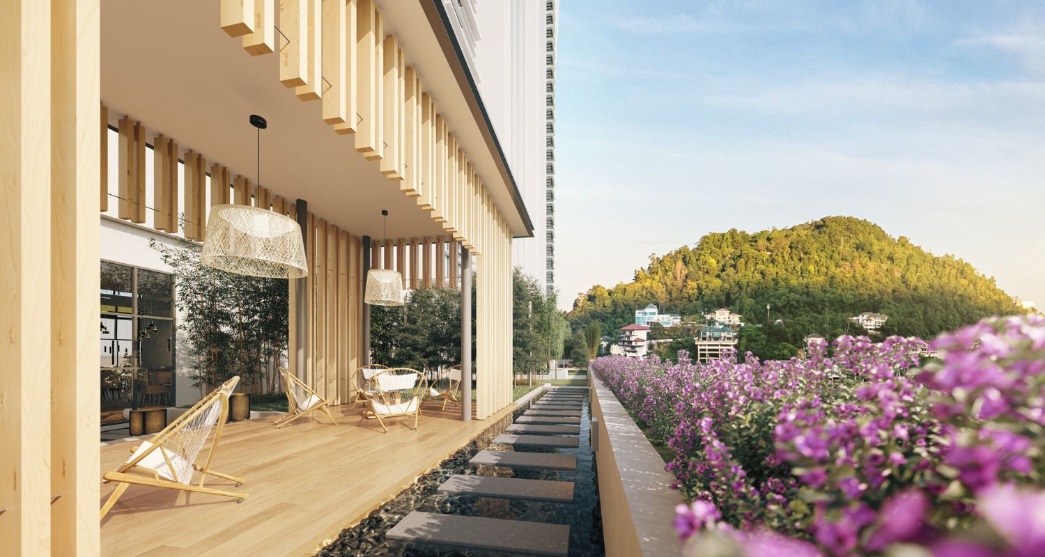 Outdoor tea garden with landscaped planting